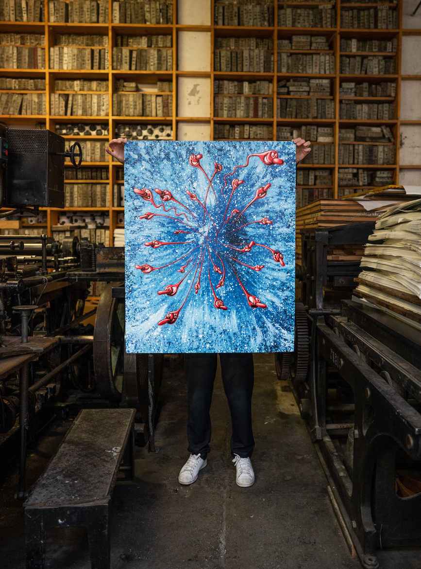 in-the-beginning-red-edition-kenny-scharf-jrp-lithograph-presentation-printing-house